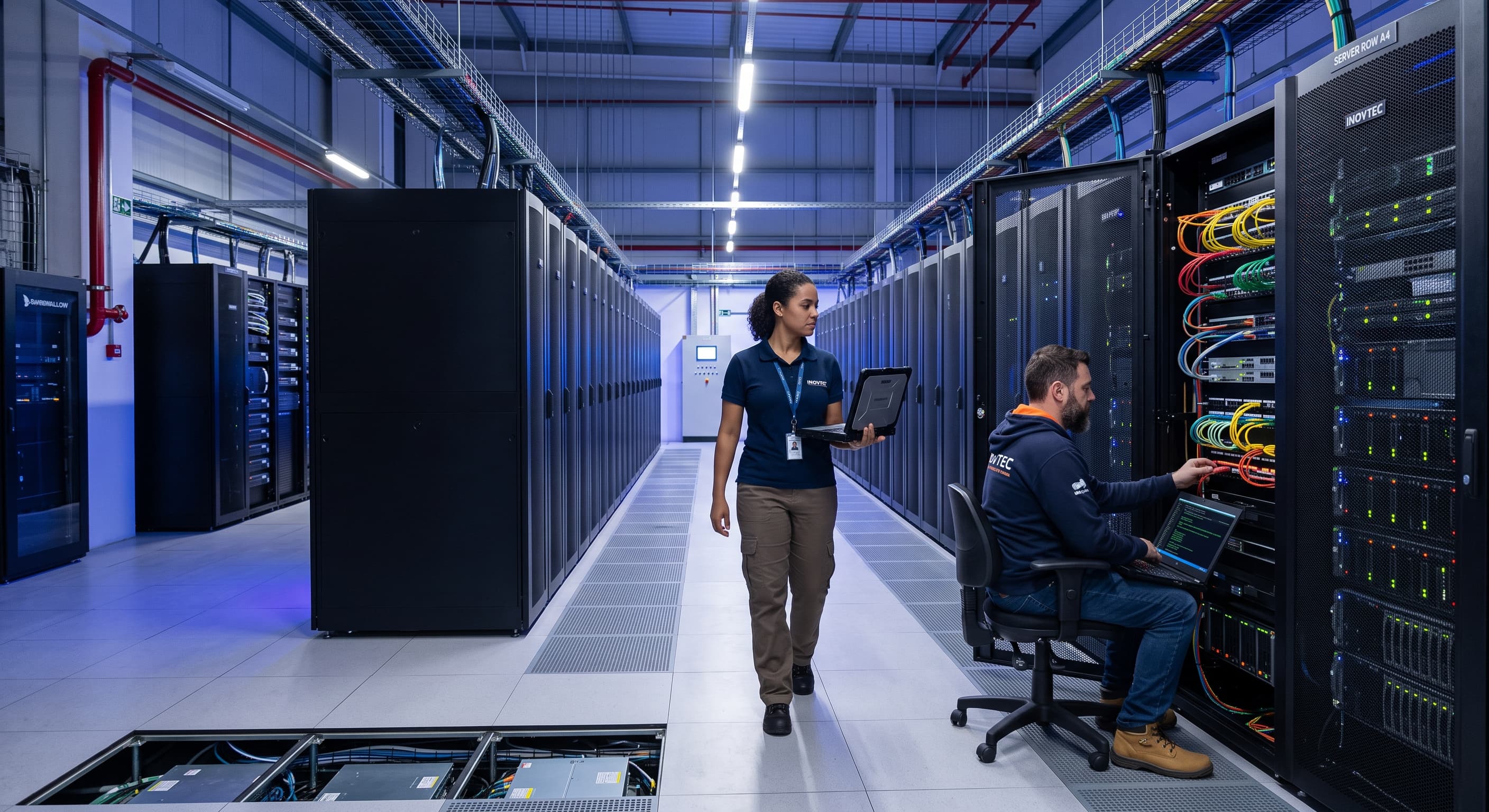 Técnicos trabalham entre racks de servidores em um data center