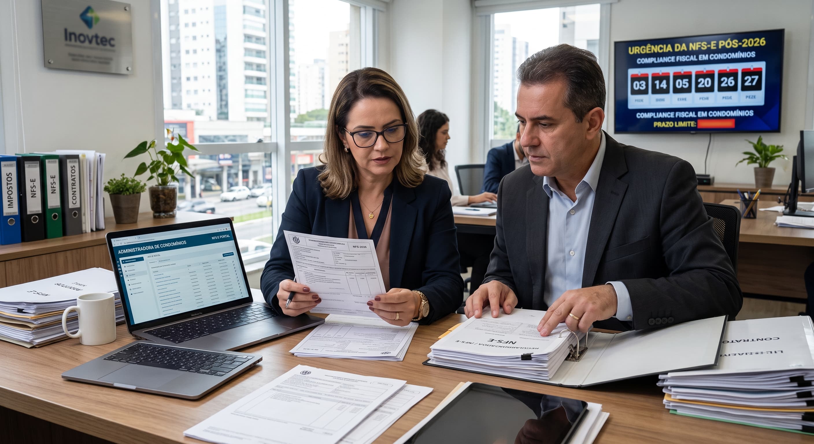 Gestores revisam documentos fiscais com um painel sobre a urgência da NFS-e ao fundo