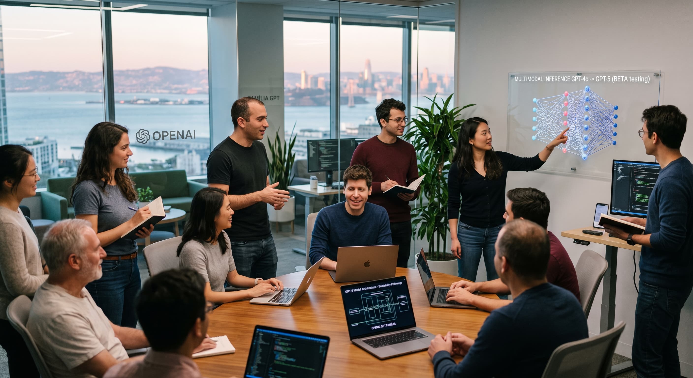 Equipe reunida discute diagramas de modelos de IA em escritório com o logotipo da OpenAI