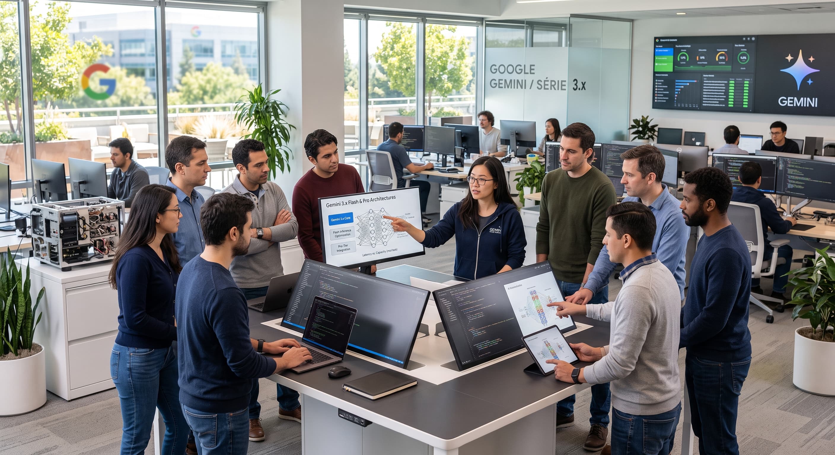 Equipe de tecnologia em escritório com painéis do Google Gemini ao fundo
