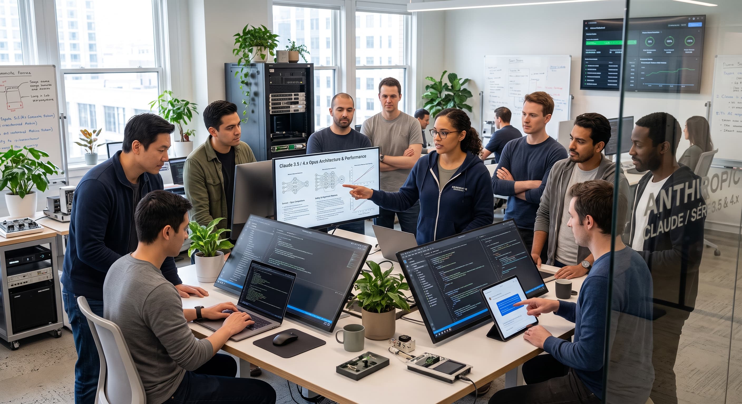 Equipe analisa código e respostas de um modelo de IA em monitores durante uma reunião